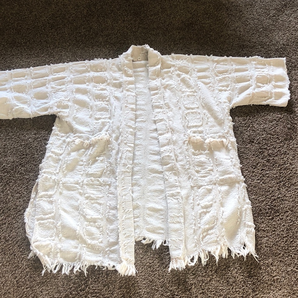 Pilcro Cream Open-Front Textured Fringe Cardigan
